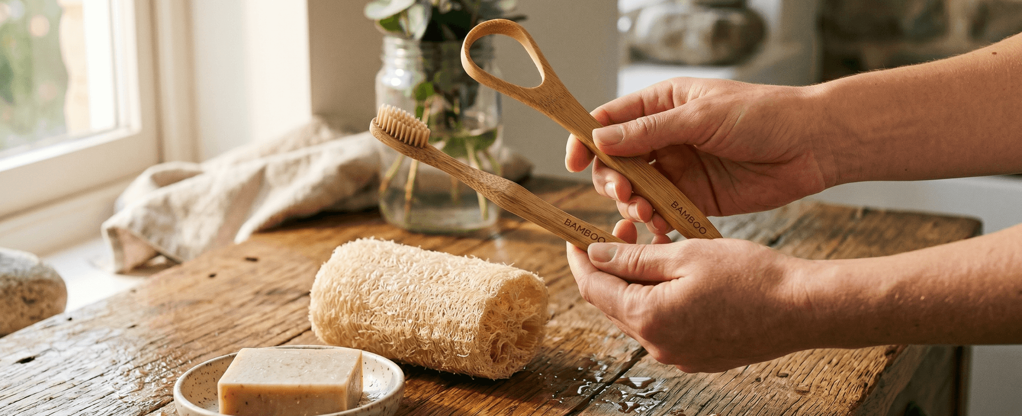 Loofah, Bamboo Toothbrush, and Bamboo Tongue Cleaner: The Plastic-Free Daily Routine