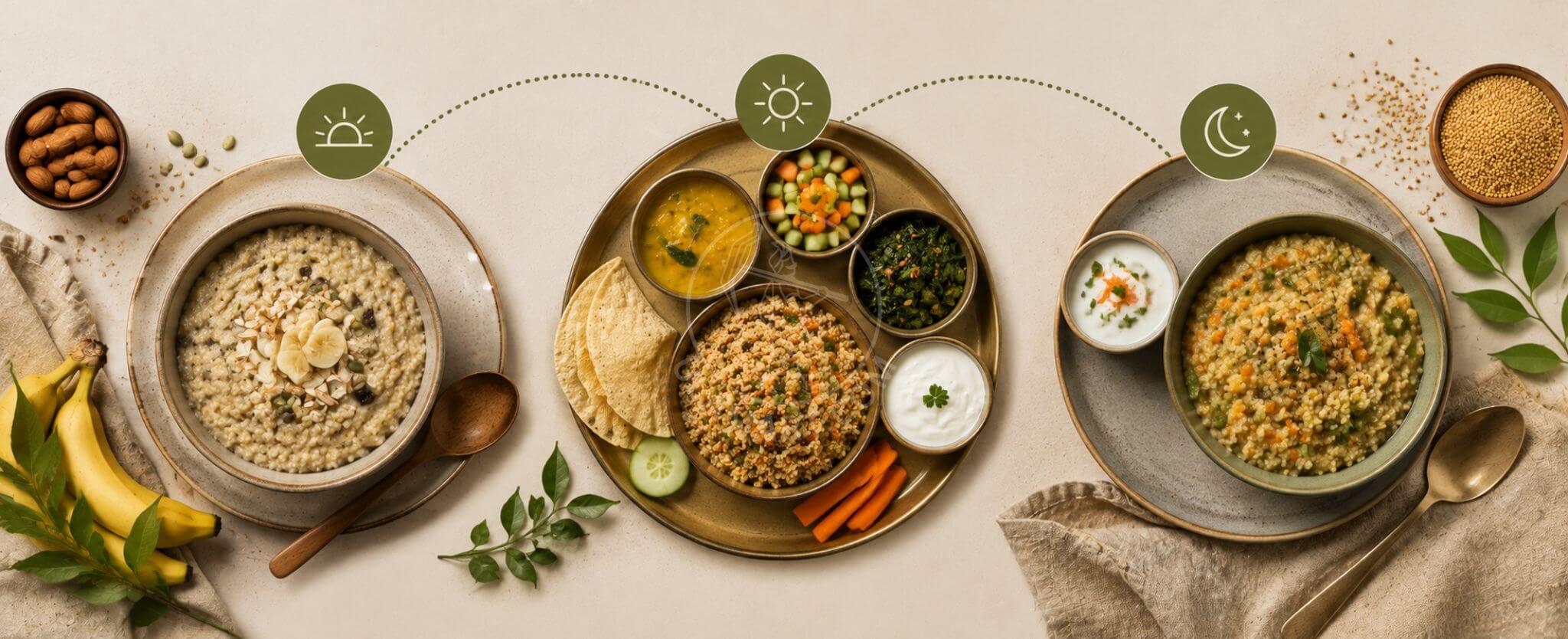 showing a sample day of millet-based meals for breakfast, lunch, and dinner