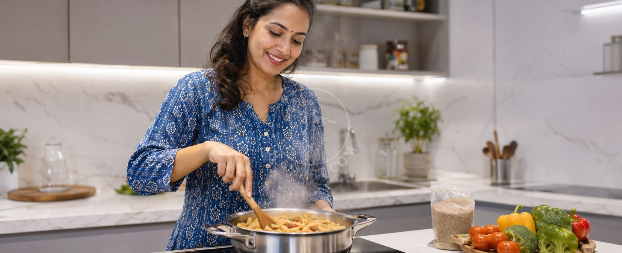 a south indian woman cooking millets pasta