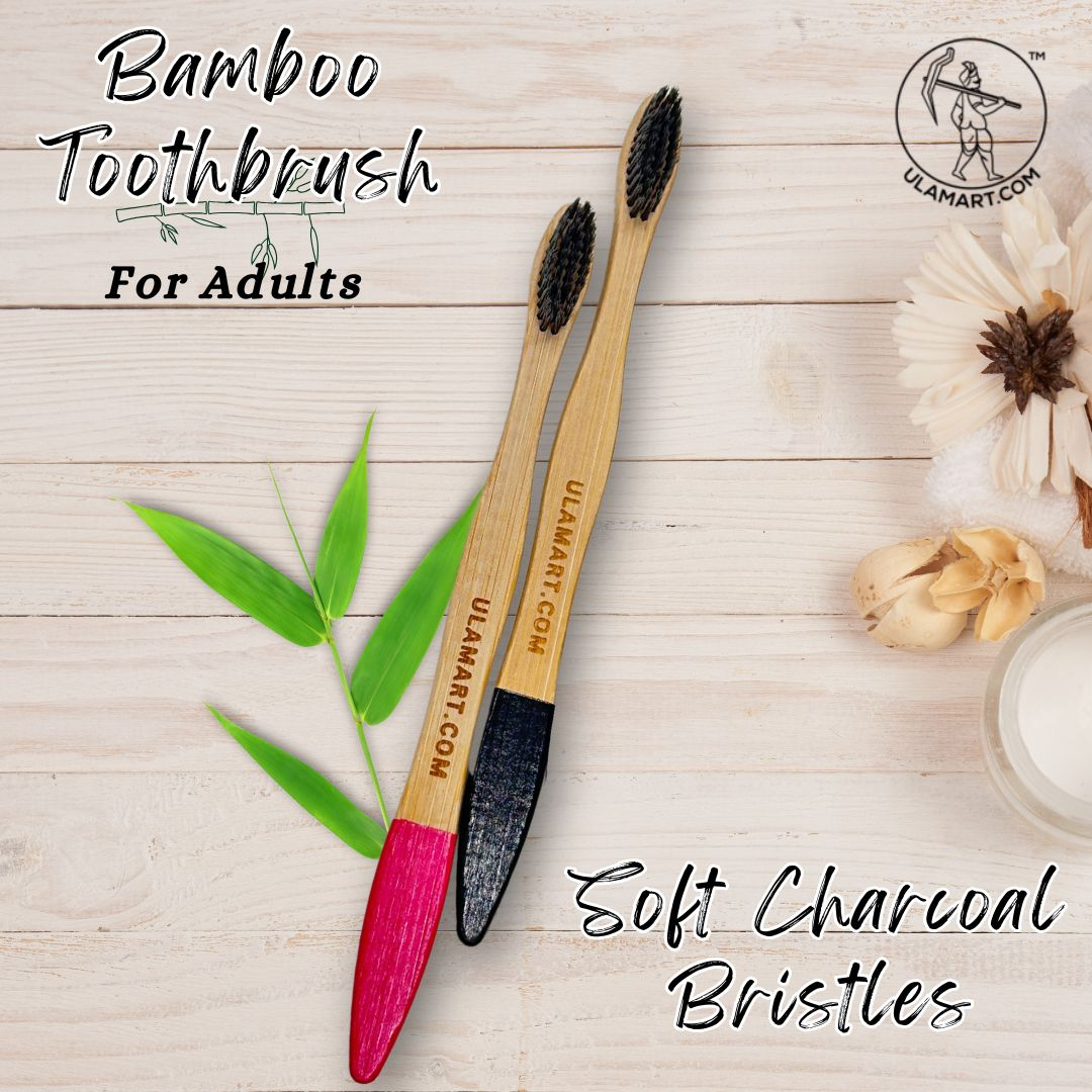 Natural Bamboo Toothbrush For Adults | Charcoal Bristles | Pack of 2