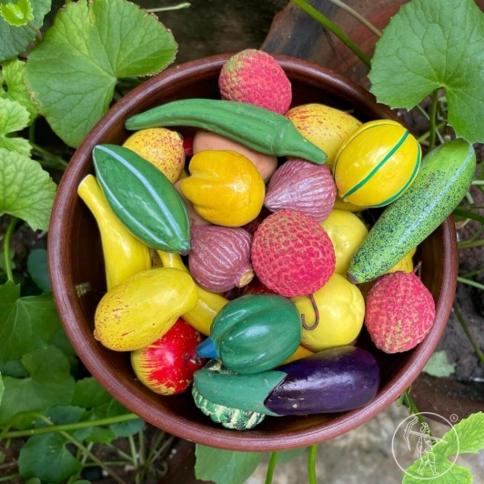 Earthen Clay Miniature Vegetables and Fruits set with Clay Bowl | Table Decor