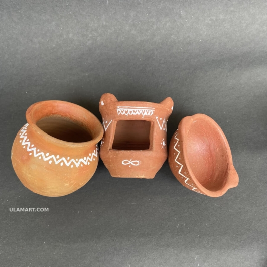 Clay Kitchen Set 11 Pcs For Kids White Panting Kolam | Medium size earthenware Playset