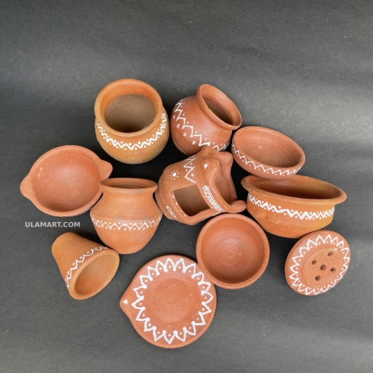 Clay Kitchen Set 11 Pcs For Kids White Panting Kolam | Medium size earthenware Playset