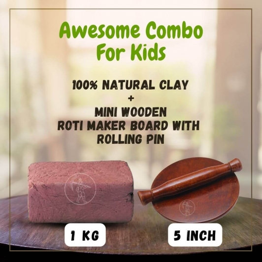 Natural Wet Clay and Mini Wood Roti Maker Combo | Best Gift for kids 