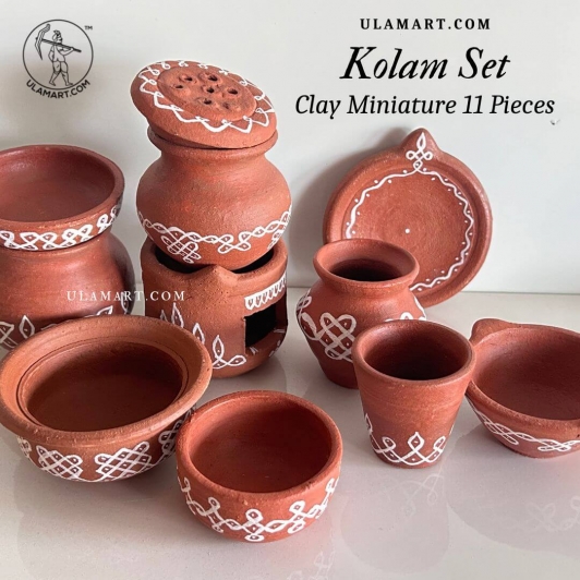 Miniature Clay Kitchen Set | Traditional Home Decor with Elegant kolam