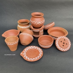 Clay Kitchen Set 11 Pcs For Kids White Panting Kolam | Medium size earthenware Playset